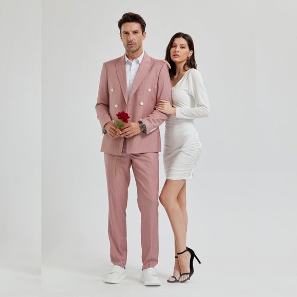 Pink Pinstriped 2pc Suit w/ Peak Lapel by Tazio - Picture 4 of 5